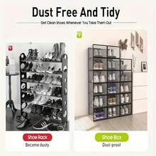 6/12/24Pcs Thick Transparent Foldable Shoe Boxes With Lids - Stackable, Space Saving Entry, Bedroom, Home, Dormitory Storage Organizer For Convenient Storage And Display - 黑色 - 查看 4