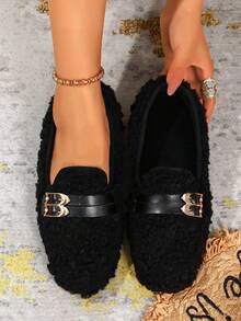 Black Faux Fur Loafers, Metal Double Buckle Decor Handmade Warm Slip-On Shoes, Retro Style, Comfortable Indoor Slippers For Women, Autumn/Winter - Black - View 2