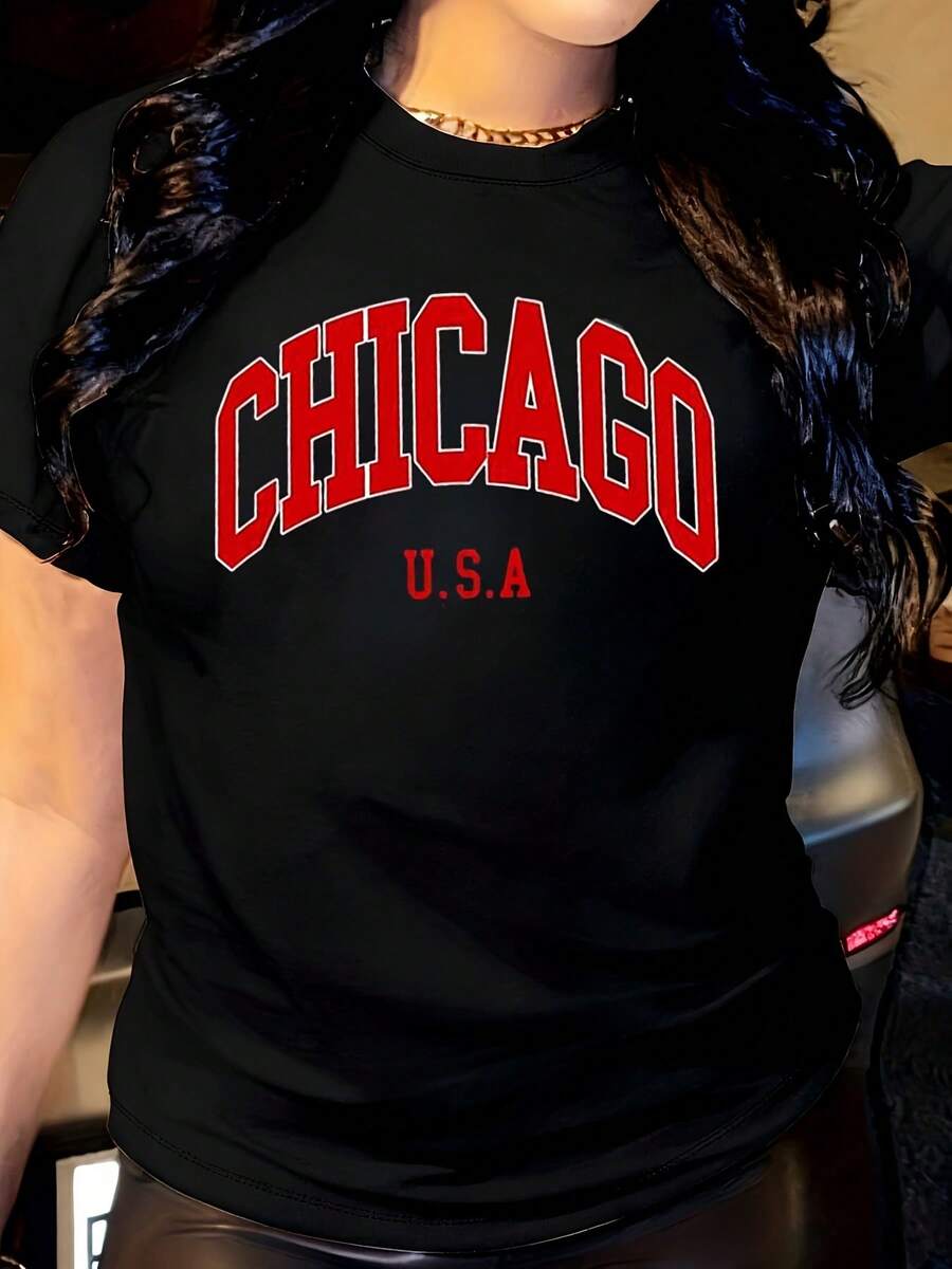 Women's Red Chicago Graphic Tee - Stylish Chicago Design Short Sleeve T-Shirt For Casual Attire, Lightweight & Comfortable Fabric, Perfect For Spring & Fall, Everyday Tshirt Letter Print - 黑色 - 查看 1