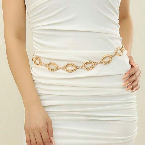 Cadena de cintura con anillo circular grande metálico, accesorio de vestido elegante y de moda en color dorado, versátil