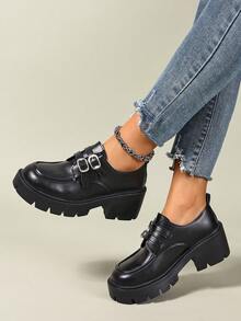 Chaussures de robe classiques confortables pour l'uniforme scolaire avec bride à la cheville, plateforme, talon épais et boucle décorative, style Y2K Goth Lolita, pour femmes - Veste croisée noire mate - Voir 7