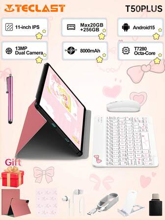  Teclast T50PLUS 2025New Android 15 Tablet ,11 Inch IPS 1920x1200 Resolution, 120Hz Refresh Rate ,T7280 Octa-Core,20GB(8GB+12GB Virtual) RAM,256GB ROM,4G Dual SIM LTE, 8000mAh Battery,5MP Front 13MP Back Camera,2in 1 Tablet PC,Pink Tablet Case, With White Keyboard &Wireless Mouse,Mouse Pad Accessory Bundl