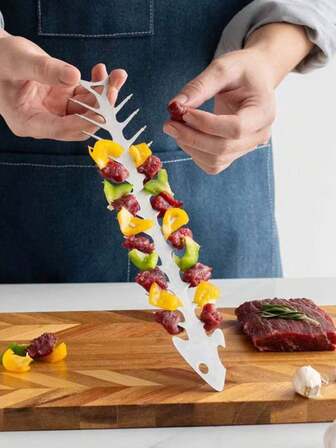 1 件不锈钢鱼骨形烧烤串，户外烧烤肉类工具，DIY 烧烤叉