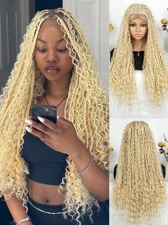 Peluca de trenzas de caja bohemia larga con encaje completo y cabello de bebé, diadema trenzada de ganchillo ondulado hecho a mano