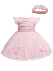 Baby Girls' Pink Party Dress, 0-2 Years Old Infant Birthday Party Tulle Skirt - Pink - View 8