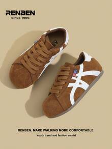 RENBEN 1 Paar Damen Retro Stil Schnürschu he, Beige & Farbblock, Neuheiten Herbst/Winter 2025, versteckter Keilabsatz, leichte weiche Sohle, sportliches Design, geeignet für Studenten und Rennen