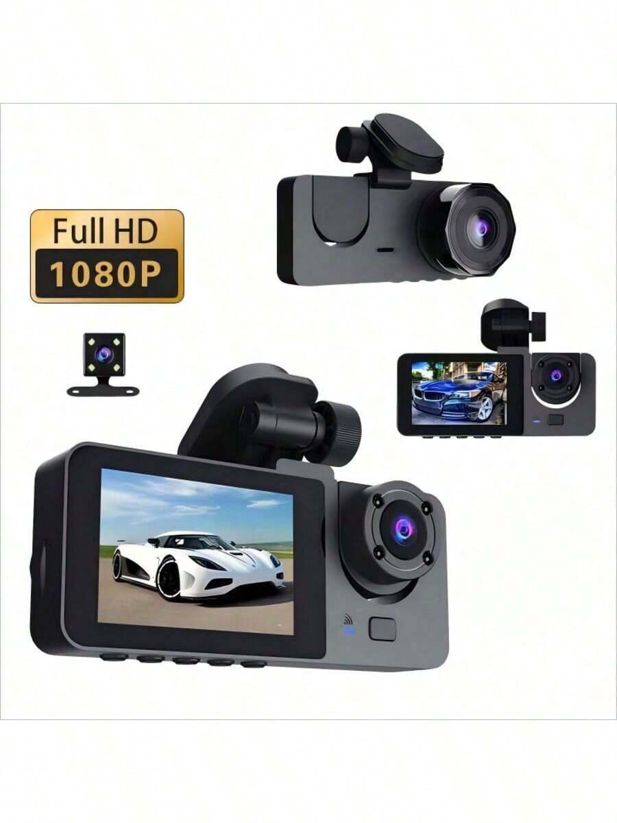 带夜视功能的三镜头行车记录仪，三个 1080P 前置和嵌入式摄像头，广角车载 DVR，2.0 英寸 IPS 屏幕，24 小时运动传感器停车模式，存储卡循环录制电池容量 150mAh - 彩色 - 查看 1