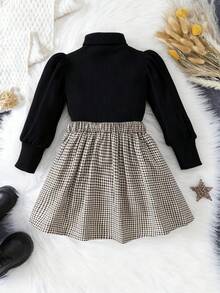 2 件套小女孩长袖针织套头衫 + 千鸟格半身裙套装小女孩服装派对礼物 - 黑色 - 查看 3
