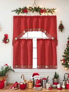 1 Set 100% Polyester Fabric Christmas Bell & Floral Embroidered European Style Curtains, Suitable For Kitchen, Window, Home Decor, Living Room, Wedding, Party - Multicolor - View 1