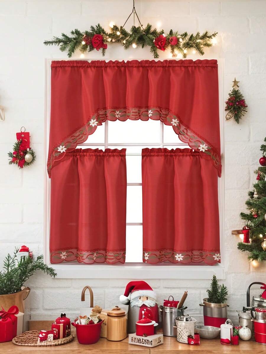1 Set 100% Polyester Fabric Christmas Bell & Floral Embroidered European Style Curtains, Suitable For Kitchen, Window, Home Decor, Living Room, Wedding, Party - Multicolor - View 1
