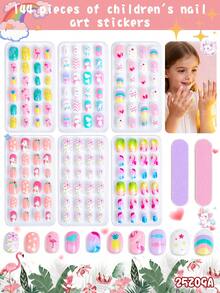 8pcs Kids Nail Salon Set, Macaron Color Cartoon False Nails 1 Set 24pcs, Colorful Cute Gradient Pattern Nail Stickers, Suitable For Girls Nail Art DIY Home Party Birthday Gift