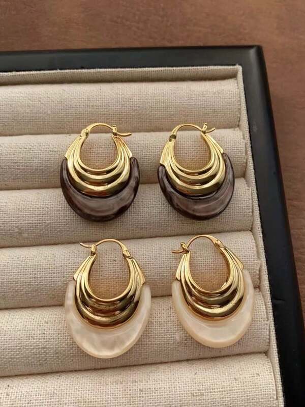 1 Pair Autumn/Winter Maillard Pattern Resin Round Earrings, Luxurious High-End Vintage Earrings For Women