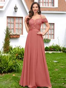 MIUSOL Sequin Floral Lace Off-Shoulder Sweetheart Neck Ruffle Hem Chiffon Formal Party Maxi Dress - Dusty Pink - View 4