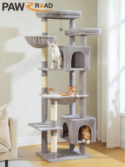 PAWZ Road Halloween Large Cat Tree, 69-Inch Gothic Cat Tower For Indoor Large Cats With Super Large Hammock, Tall Cat Climbing Tree Tower With Scratching Posts, Cozy Condo House And Large Top Perch,Grey