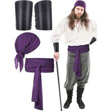 4 Pcs Pirate Costume Men Women Pirate Bandana Sash Belt Hat Accessories Cosplay Masquerade - 黑色,深紫色 - 查看 8