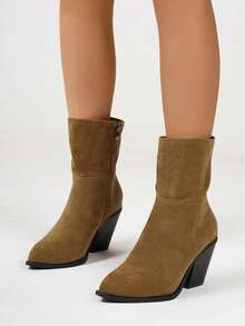 Fall/Winter 2025 Women's Fashion Ankle Boots, Brown Suede Pointed Toe Retro Style Short Boots, Western Boots With Side Zipper, Boots - Brown - View 6