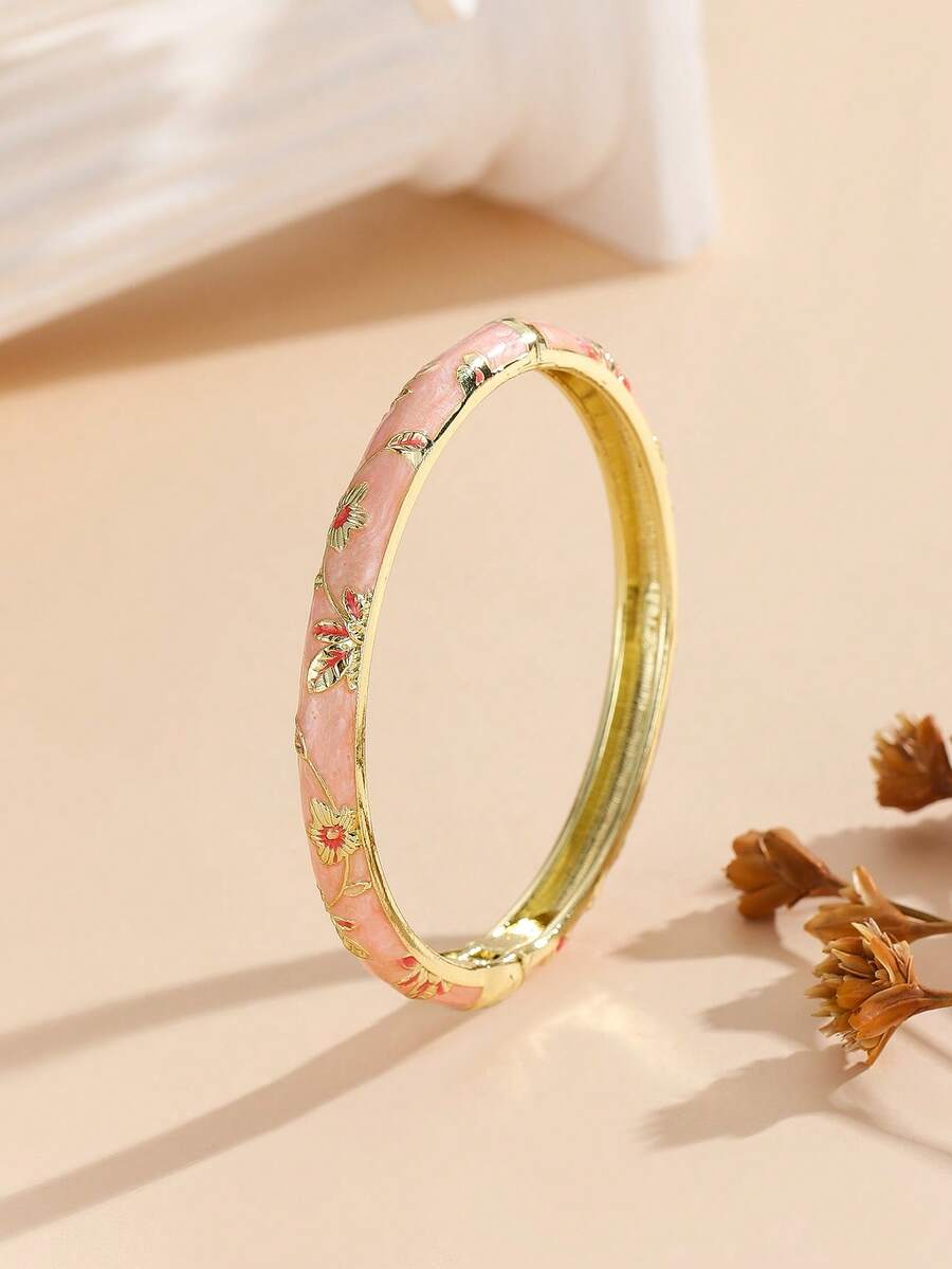 1pc Fashionable New Gold-Plated Small Flower Enamel Bangle, Suitable For Girls And Women - Pink - View 1