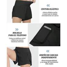 Pptabold Short Deportivo Mujer 2 In 1, Licra para Mujer Corta con Bolsillos, Short para Correr Mujer Casual Playa Biker Gym Running Entrenamiento - Negro + G - Ver 5