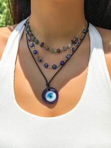 3pcs/Set Bohemian Style Wax Cord Beaded Blue Evil Eye Pendant Necklace, Simple & Fashionable Beach Vacation Versatile Women Beaded Choker Necklace (Actual Chain Length, Random Eye & Bead Quantity)