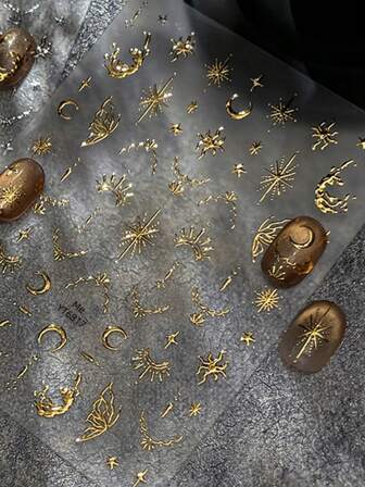 1pc Gold Stamping Metal Star Moon Butterfly 5D Nail Stickers Shiny Vintage Silver Patterns Elegant Celestial Self Adhesive Decorative Nail Manicure Decals