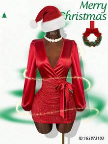 RNU 情人节红色优雅V领灯笼袖亮片拼接蝴蝶结扭结前襟修身连衣裙，适合约会、夜店、街头、情人节、狂欢节、生日、派对、新年等场合，春夏女装/婚礼宾客新款短裙 - 紅色 - 查看 6