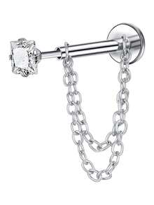 CIZME 1件装垂坠扁平耳环，带链，16G无螺纹不锈钢推入式耳环，适用于耳软骨、耳廓、耳屏、鼻部穿孔，男女通用，6/8毫米针，鼻钉，唇环，耳软骨环，唇部穿孔，美杜莎鼻饰，耳屏，耳廓饰品 - 金銀色-2 - 查看 9