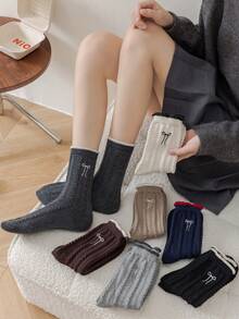 1/2/3/5 双装女士中筒袜，适合秋冬季节，可爱蝴蝶结图案，保暖舒适，可搭配靴子，厚羊毛袜，舒适袜