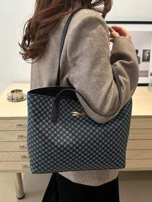 复古字母印花单肩手提包，大容量单肩包，通勤必备，母亲节礼物 - 黑色 - 查看 4