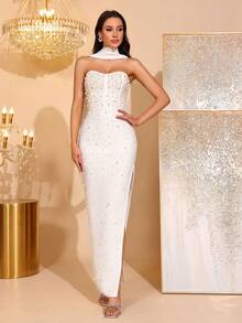 Elegant Beaded Decor Strapless High Slit Bridesmaid Dress, Bandage Party Gown - White - View 3
