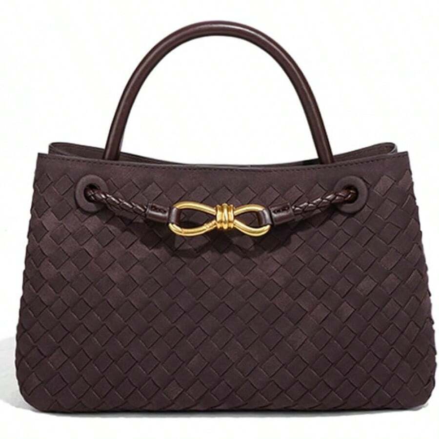 Suede Woven Tote Bag For Women Retro Woven Bag Handbag Bow Shoulder Satchel Suede Crossbody Purse Handle Tote Handbags2025 - Coffee - 查看 1