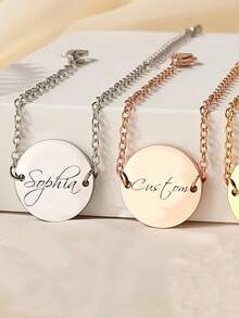 Customized Personalized Bracelet Engraved With Name And Stainless Steel Birth Gift Mom Bridesmaid Gift Classic Stainless Steel Round Coin Bracelet With Pendant Adjustable Women's Calligraphy Letters Handmade Bracelet Commemorate Date With Name Family Jewelry