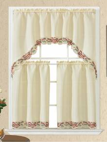 1 Set 100% Polyester Fabric Christmas Bell & Floral Embroidered European Style Curtains, Suitable For Kitchen, Window, Home Decor, Living Room, Wedding, Party - Multicolor - View 3