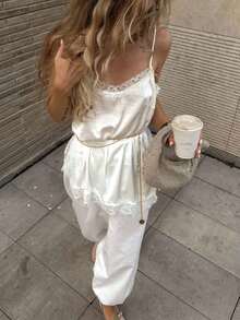 Top Mujer de Encaje Tirantes Finos sin Mangas Camisola Ajustada Casual Sexy Verano Blusa - Blanco - Ver 1