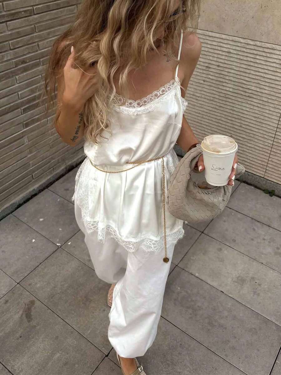 Top Mujer de Encaje Tirantes Finos sin Mangas Camisola Ajustada Casual Sexy Verano Blusa - Blanco - Ver 1
