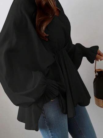 Plusstorlek Dam Casual V-ringad Blus med dragsko i midjan, Asymmetrisk blus med lätt, andningsbart tyg, Casual långärmad skjorta med lanternärm, Lämplig för pendling/vardagsbruk, Vår/Sommar