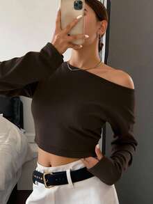 Livesso 1pc Women's Solid Color Off Shoulder Tight Cropped T-Shirt, Brown, Spring/Summer/Autumn Long Sleeve Women Tops - Brown - View 1