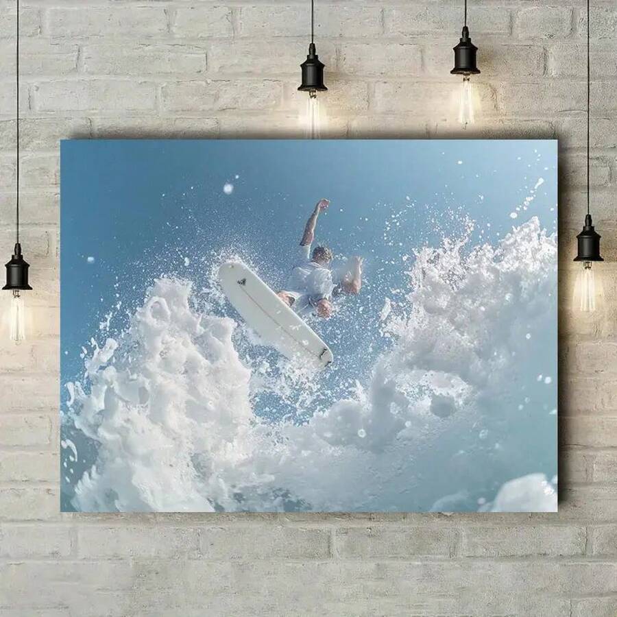 Poster-1pc Ocean Waves Surfing Canvas Wall Art - High-Quality Wooden Framed Poster, Dynamic Surfer Design For Home, Office, And Coffee Shop Decor - Ideal Gift For Surf Enthusiasts, Ocean Theme Decor - 黑色 - 查看 1