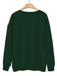 2026 New Year Outfit Women Plus Size 'AUNTIE' Letter Print Sweatshirt - Soft Machine Washable Polyester Fiber Crew Neck Pullover, Autumn Winter Casual Comfortable Fashion Design, Cute Loose Top, Daily Wear, Comfortable Fabric, Casual Style Loose And Comfortable Winter Clothes For Women - 墨綠色 - 查看 2