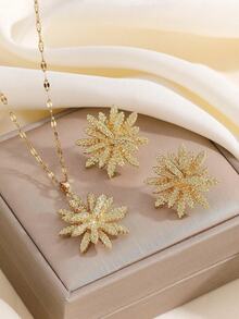 1 Set Stainless Steel Snowflake Necklace & Earrings, Versatile Luxury Rhinestone Personalized Banquet Jewelry Set, Gift, No Gift Box - Gold - View 5