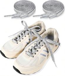 Ouligay 2 Pairs Silver Glitter Sparkle Shoe Laces For Sneakers, 9mm Wide Sparkly Shoelace 43 Inch Flat Bling Shinny Metallic Shoe Strings 110cm Fun Fancy Shoestrings For Adult Kids Men Women