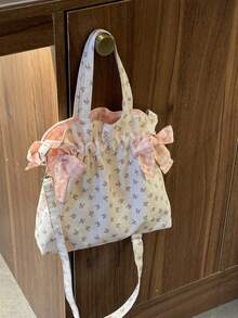 简约甜美单肩包大容量印花托特包时尚甜美系蝴蝶结收纳手提包帆布腋下包女 - 彩色 - 查看 8