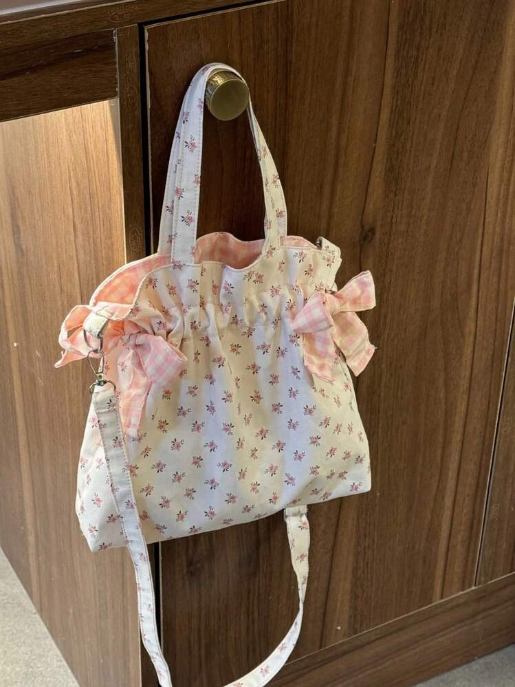 简约甜美单肩包大容量印花托特包时尚甜美系蝴蝶结收纳手提包帆布腋下包女 - 彩色 - 查看 8