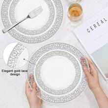 50/25/12/7/1pcs White Base Silver Hollow Tableware, Food Tray, Fruit Salad Plate, Dinner Plate, Plate, Washable Salad Tableware, Reusable, Easy To Clean. Suitable For Wedding Decoration, Christmas Decoration, Birthday Party, Family Gathering, Outdoor Team Building, School, Restaurant And Kitchen Party Tableware, Home School Seasonal Gift - Silver On White - View 6