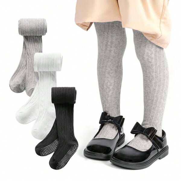 [3 Pairs Anti-Slip Tights] 3 Pairs Anti-Slip Solid Color Tights | Good Grip Leggings For Youngsters Girls, Back To School, Wearable All Year Round