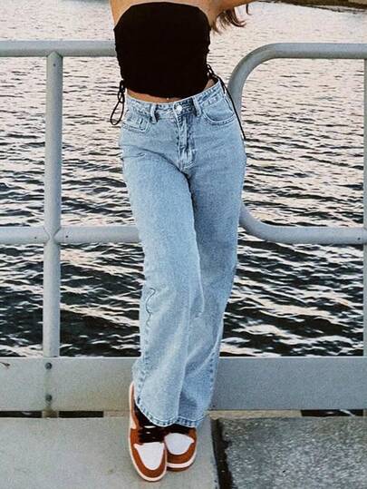 Jeans de mujer de pierna recta y larga con aspecto lavado, bolsillos y cierre con cremallera, tela sin estiramiento para uso diario