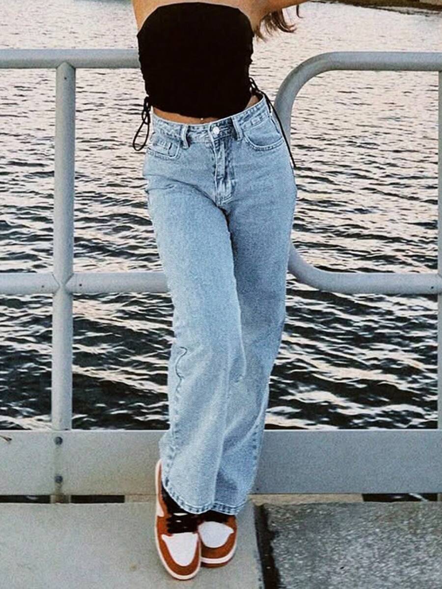 Women's Casual Long Straight Leg Denim Jeans With Washed Look Pockets And Zipper Closure Non-Stretch Fabric For Everyday Wear