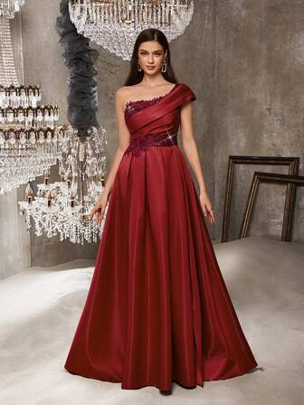 Glamorous Women Appliques Gorgeous Evening Gown Sequins Formal Dress For Wedding Guests, Charity Prom, Birthday Party, Galas Asymmetrical Neck Long Dresses