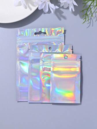 100pcs Fashionable Holographic Glossy Resealable PE Plastic Bags, Reusable Dust-Proof Bags For Jewelry, Earrings, Necklace, Party Packaging