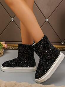2025 New Women's Halloween Thick-Soled Snow Boots, Fashionable High Heel Furry Shoes, Winter Indoor Home Non-Slip Warm Shoes, Comfortable Soft-Soled Lightweight Slippers, Furry Ankle Boots For Autumn/Winter Indoor Wear - Black Background With Black and Silver Sequins - View 8