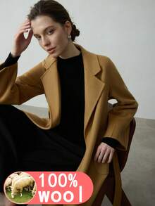 25款新款女士100%纯羊毛长款大衣，时尚百搭双面羊毛大衣，保暖外套，优雅女士冬季夹克 - 駝色 - 查看 1